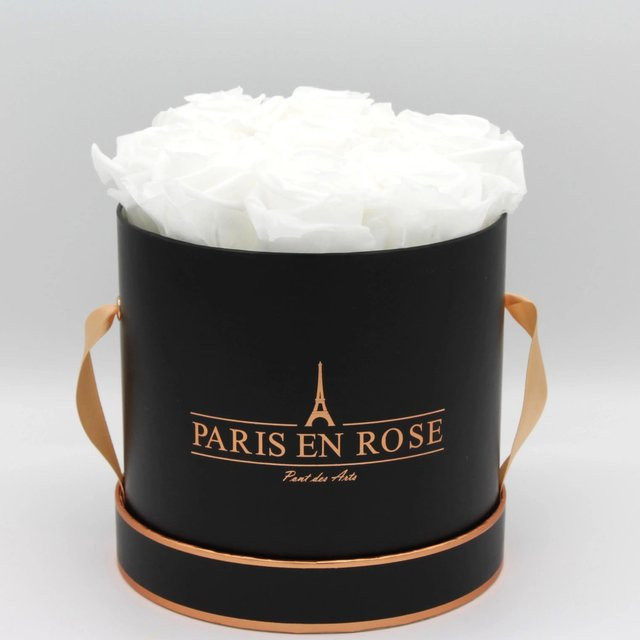 PARIS EN ROSE Rosenbox Schwarz-Roségold mit 9 weißen Rosen, Durchmesser: 14,5 cm - Bild 1
