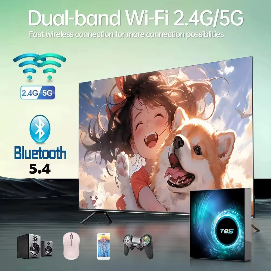 T95 Smart TV Box Android 14 Media Player mit 8GB RAM und 256GB Speicher, Allwinner H616, Dual WiFi, Bluetooth 5.4 und Google Voice Unterstützung, Schwarz - Bild 4