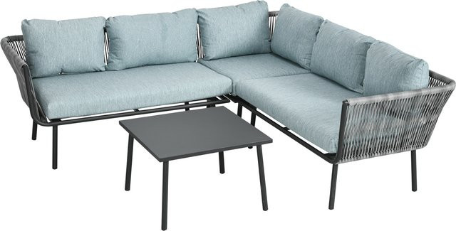 Outsunny Rattan Gartenmöbel-Set in L-Form mit Polsterkissen und Aluminiumgestell, Blau, B/H/L: 120 x 71 x 65 cm - Bild 1