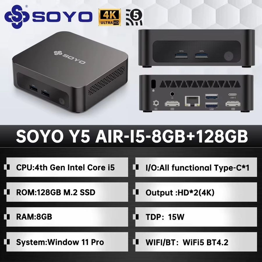 SOYO Y5 AIR Mini-PC mit Intel Core i5-4250U Prozessor, 8 GB RAM, 128 GB SSD, Windows 11 Pro, Bluetooth und WIFI5 in Schwarz - Bild 3