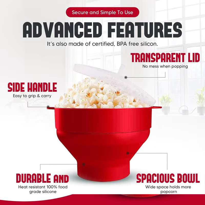 PGY Silikon Mikrowellen Popcorn Maker mit Deckel, zusammenklappbare Popcorn Schüssel, BPA-frei, rund, grün und rot - Bild 3