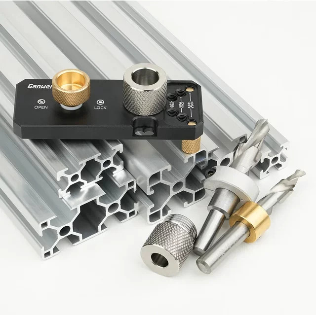 GDART Schienenbohrführung für Aluminiumprofile mit Schiebern und M10-Senkbohrmaschine als vertikaler Locher für Profile der Serien 30 und 40 - Bild 1