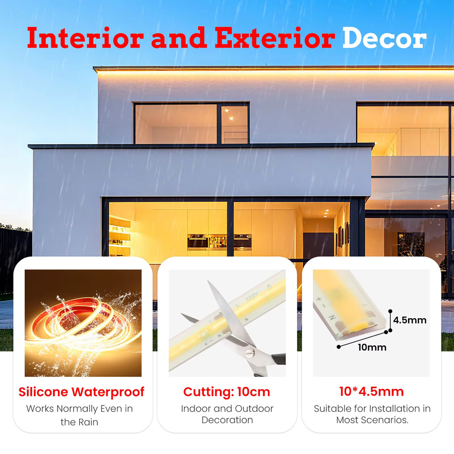 HEGEHE COB LED-Lichtstreifen IP67 Wasserdicht mit Dimmer-Kit, 220V, Selbstklebend, Silikon-LED-Band in Weiß - Bild 5