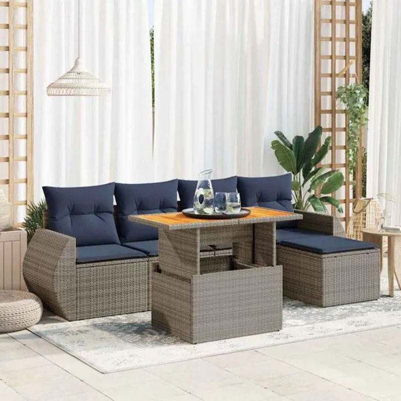 6-teilige moderne Garten-Sofagarnitur mit Kissen aus grauem Poly-Rattan von vidaxl - Bild 1