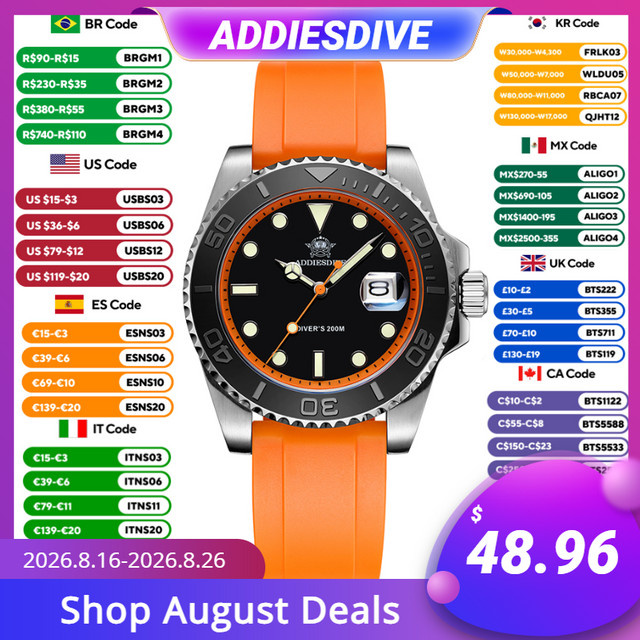 ADDIESDIVE Armbanduhr, Quarz, Edelstahl, 41 mm, Silikon, Herren - Bild 1