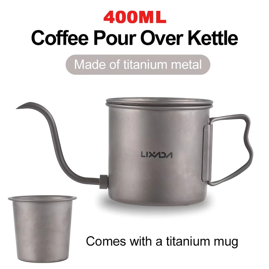 LIXADA Titan Kaffeekessel mit Schwanenhals-Ausguss und faltbarem Griff, tragbarer Wasserkocher für den Außenbereich inklusive Titan-Becher, Grau, 400 ml - Bild 2