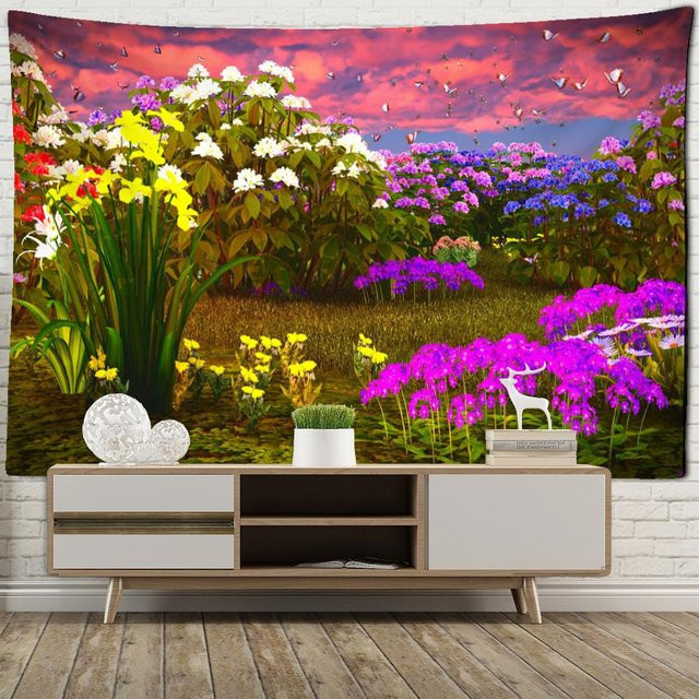 Rhododendron Bush Wandteppich im Boho-Stil mit Blumen- und Engelsmotiven, Farbe: Lila/Mehrfarbig, Breite: 95 cm, Höhe: 70 cm - Bild 1