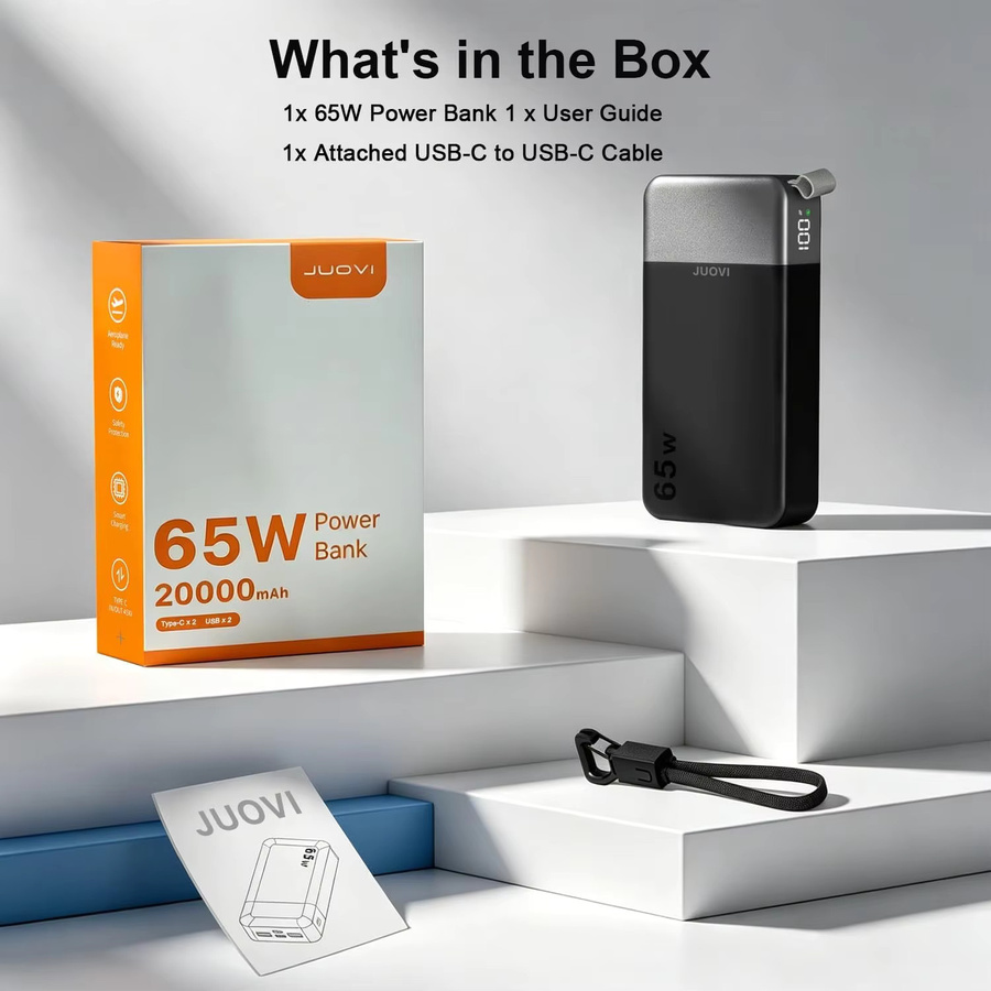 JUOVI Tragbares Ladegerät 65W 20000mAh Powerbank mit integriertem USB-C-Kabel in Schwarz für Laptop, MacBook und Smartphones - Bild 8