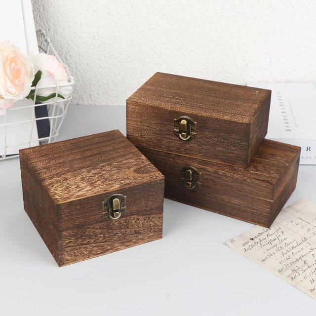 Velishy Vintage Holzkiste mit Deckel und Scharnier, quadratische Aufbewahrungsbox aus Holz für Schmuck und Bastelarbeiten - Bild 1