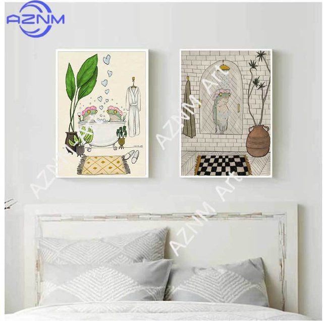 KAYOU Leinwand Wandkunst Bade-Frosch im japanischen Cartoon-Stil, Mehrfarbiges Tierposter für Badezimmer und Wohnzimmer - Bild 1