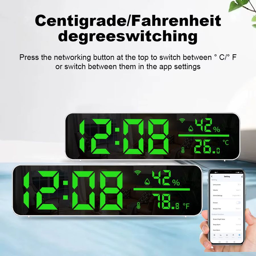 Tuya WiFi LED Spiegelwecker mit Temperatur- und Feuchtigkeitssensor, weiß, rechteckig, USB-Anschluss - Bild 5