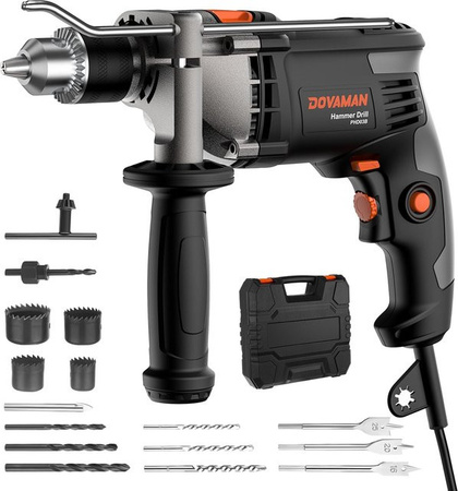 DOVAMAN Schnurgebohrhammer mit 7,5 A und 1/2 Zoll Schlagbohrmaschine, 0–3000 U/min, Metallfutter, 2 Modi für Beton, Holz und Metall, inklusive Bits und Koffer