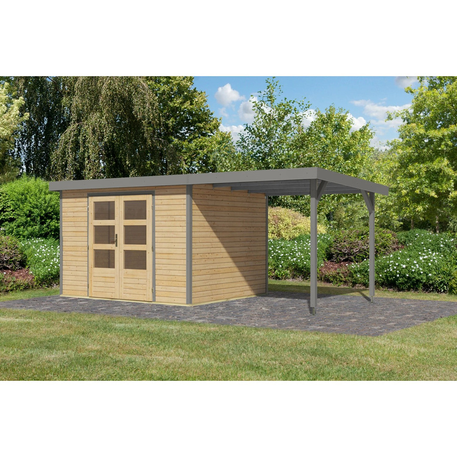 Karibu Gartenhaus Ernesto mit Anbaudach in Natur/Grau, B: 298 cm, T: 209 cm, H: 242 cm - Bild 2