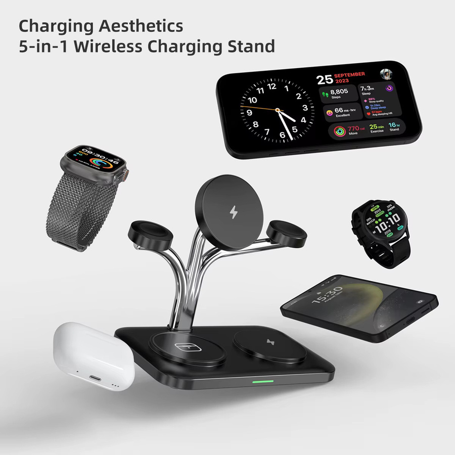 VIKEFON 5 in 1 Magnetisches kabelloses Ladegerät für iPhone 12 bis 17, Samsung Galaxy und Apple Watch sowie AirPods/Buds in Schwarz oder Weiß - Bild 2