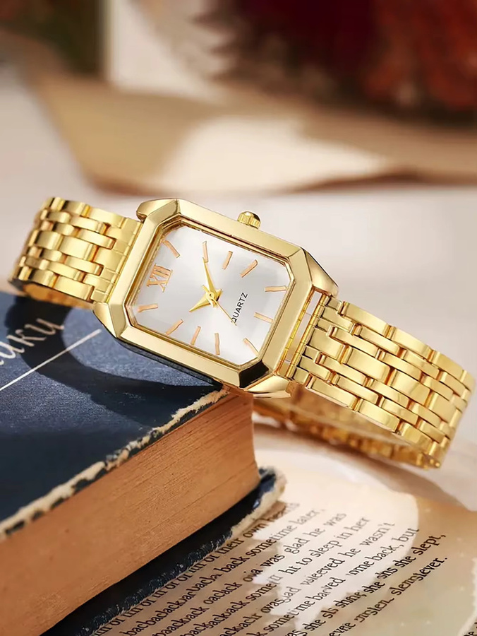 Armbanduhr-Set Damen, Quarz, Edelstahl, Eckig, Weiß, Gold - Bild 4