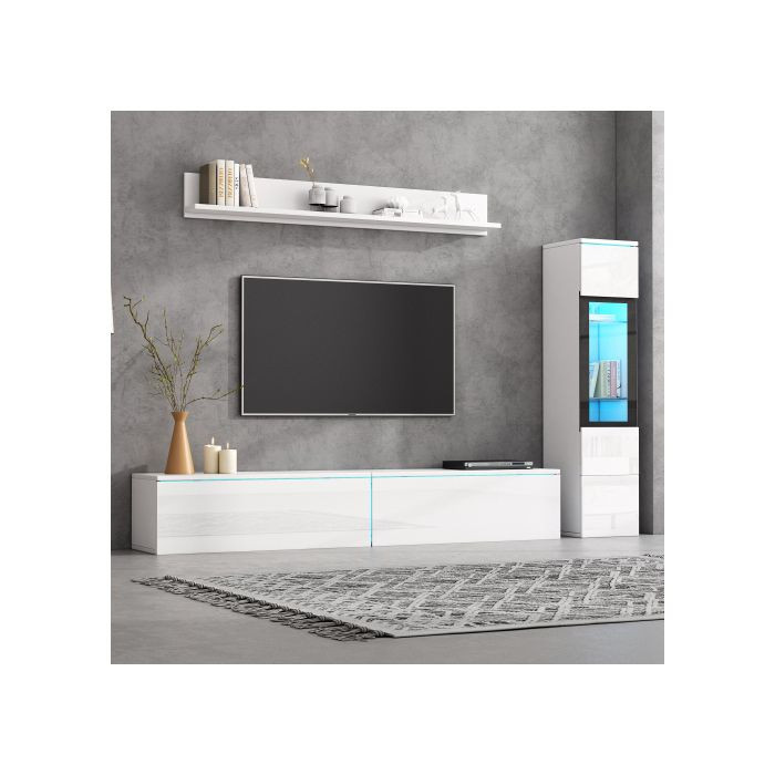 MUVOE Wandset für dein Wohnzimmer in Weiß mit modernem Design, Hängeschrank, Regal und TV-Element mit integrierter Beleuchtung - Bild 2