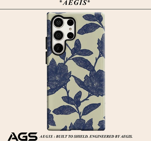 Glänzende Doppelschicht-Handyhülle mit Tintenblumenranken für Samsung Galaxy S25 Ultra, S24 und S23 Ultra Plus in Blau - Bild 1