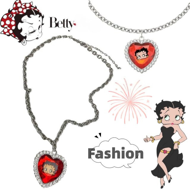 Betty Boop Halskette, Herzanhänger, Silber, Kristall, Unisex - Bild 1