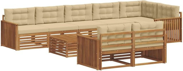 vidaXL Outdoor-Sofagarnitur aus Akazienholz in L-Form, 9-teiliges Set mit Polstern in Natur und Beige - Bild 1
