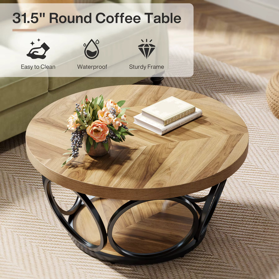 Tribesigns runder Couchtisch aus Holz in Braun mit 2-stufigem Stauraum im Bauernhaus-Stil, Durchmesser: 80 cm - Bild 5
