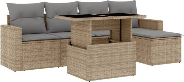 vidaXL 6-tlg Garten-Sofagarnitur aus Poly-Rattan in Beige mit Kissen und pulverbeschichtetem Stahlgestell - Bild 1
