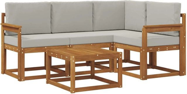 vidaXL Outdoor-Sofagarnitur aus Akazienholz in L-Form mit Kissen, 5-teilig, Natur und Hellgrau - Bild 1