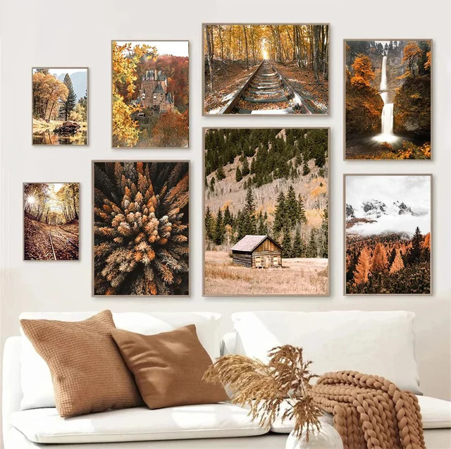 Potdemiel Leinwanddruck Herbstlandschaft mit Waldpfad und Blättern im nordischen Stil als Wandbild - Bild 1