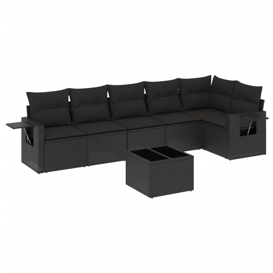 vidaXL 7-teilige Garten-Sofagarnitur in L-Form aus schwarzem PE-Rattan mit Kissen und pulverbeschichtetem Stahlgestell - Bild 2
