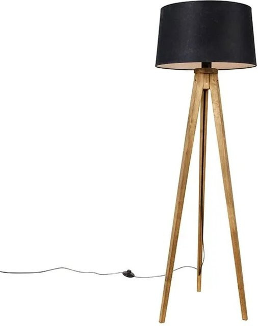 QAZQA Vintage Dreibein-Stehlampe aus Holz mit schwarzem Leinenschirm, Höhe: 136 cm, Durchmesser: 45 cm - Bild 1