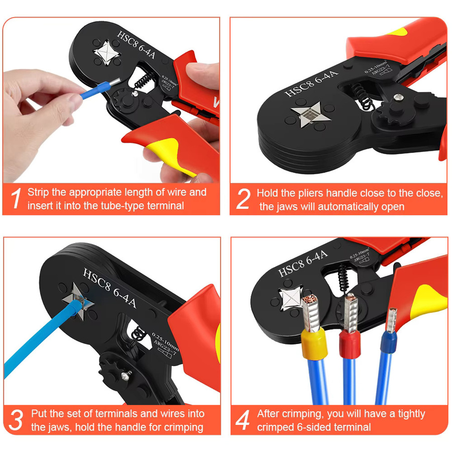 WOZOBUY Elektrische Crimpzange für Rohrklemmen und Drahtspitzen in Schwarz, 0,08–16 mm2/0,25–10 mm2, HSC8 6–4/6–6/16–6 - Bild 4
