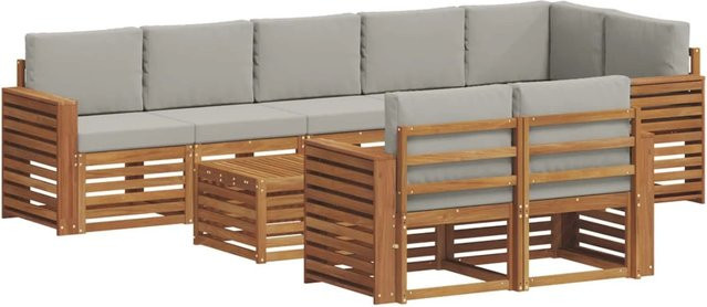 vidaXL Sofagarnitur 9-teilig aus Massivholz Akazie in Natur und Hellgrau mit Polsterkissen und modernem Latten-Design - Bild 1