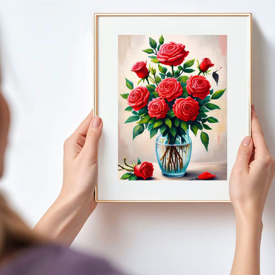 HUACAN Diamantmalerei Set Elegante Blumenvase mit roten Rosen, 5D Diamant Stickerei DIY Kunst Set, B/H: 20 x 30 cm - Bild 3