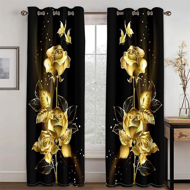 Luxuriöse Vorhänge mit goldenem Rosen- und Schmetterlingsmuster, 2 Paneele, halbtransparent, Schwarz-Gold, B: 50 cm, H: 130 cm - Bild 1