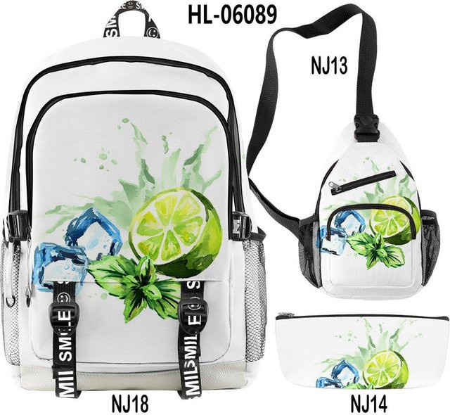 Fancy Style Studio 3er-Set Zitrone Motiv mit 3D-Druck: Rucksack, Brusttasche und Federmäppchen in Weiß - Bild 1