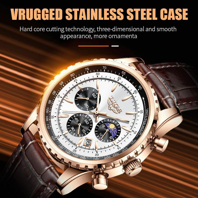 LIGE Armbanduhr, Chronograph, Quarz, Leder, Blau, Herren - Bild 6