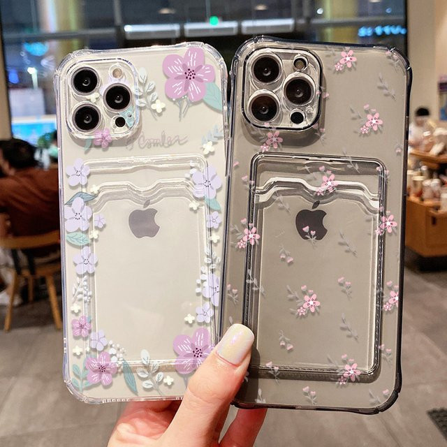 Transparente iPhone Schutzhülle mit Blumenmuster und Kartensteckplätzen für Apple iPhone 11 12 13 14 15 16 17 Pro Max und SE/XR/7 Plus - Bild 1