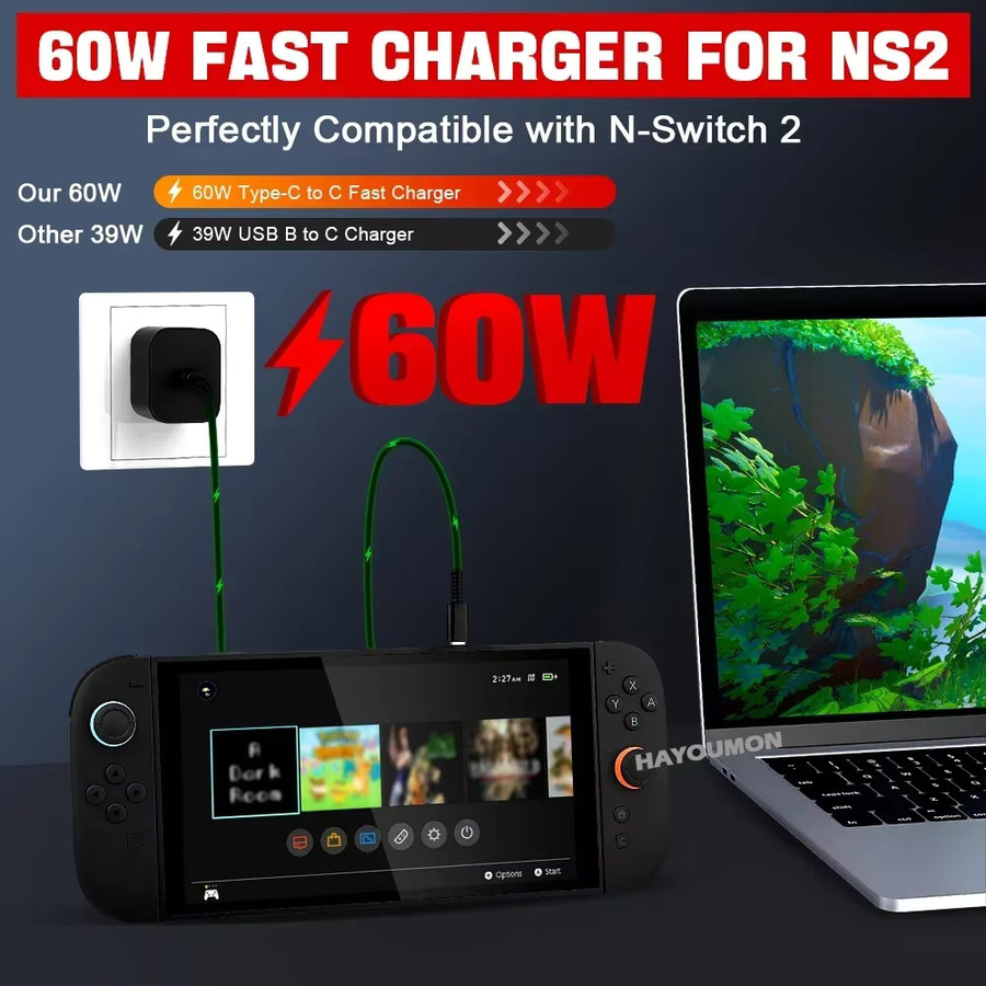 HeroAngel 60W USB-C Netzteil für Nintendo Switch, Schnellladegerät mit TV-Modus Unterstützung, Schwarz - Bild 3