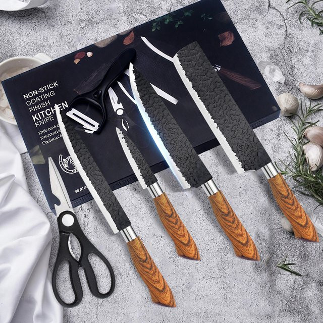 DFITO 6-teiliges Edelstahl-Küchenmesser-Set mit Antihaftbeschichtung, Schere und Schäler in Schwarz - Bild 1