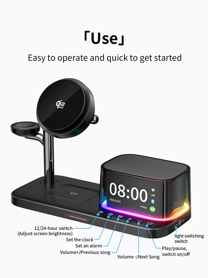 VIKEFON Magnetisches kabelloses Ladegerät mit ICE-Kühlung und Bluetooth-Lautsprecher, 25W Qi2 Schnellladestation für iPhone und Samsung, Schwarz - Bild 6