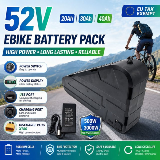 52V Dreieckige E-Bike Lithium-Batterie mit 20AH-40AH Kapazität, Wasserdichtes Hartschalen-Gehäuse, Hochleistungs-Akkupack für 350W-1000W E-Bikes und Scooter, Schwarz - Bild 1