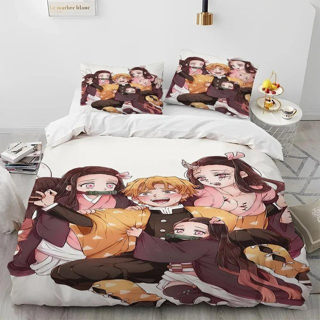 3-teiliges Demon Slayer Anime Bettwäsche-Set aus atmungsaktiver Baumwoll-Leinen-Mischung, Mehrfarbig, B/H: 200 x 230 cm - Bild 1