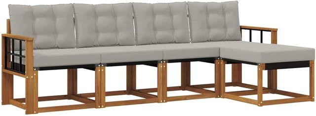 vidaXL Outdoor-Sofagarnitur 5-tlg. aus Akazienholz mit Textilene und Kissen, Natur und Hellgrau - Bild 1