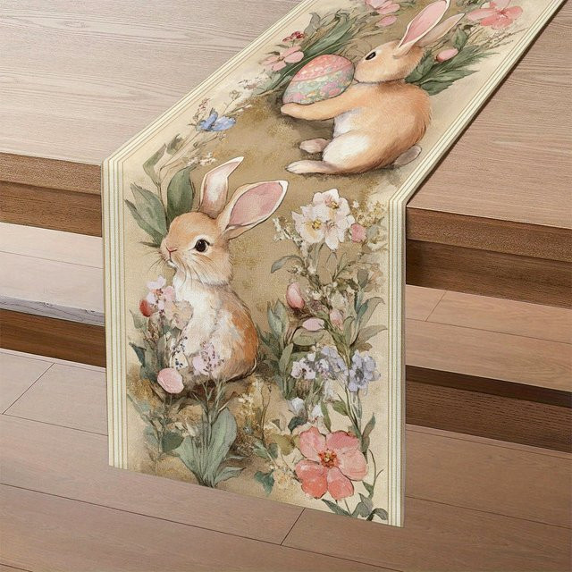 VIKAMA Tischdecke mit Osterhasen- und Blumen-Design, rechteckig, mehrfarbig, ölbeständig und pflegeleicht - Bild 1