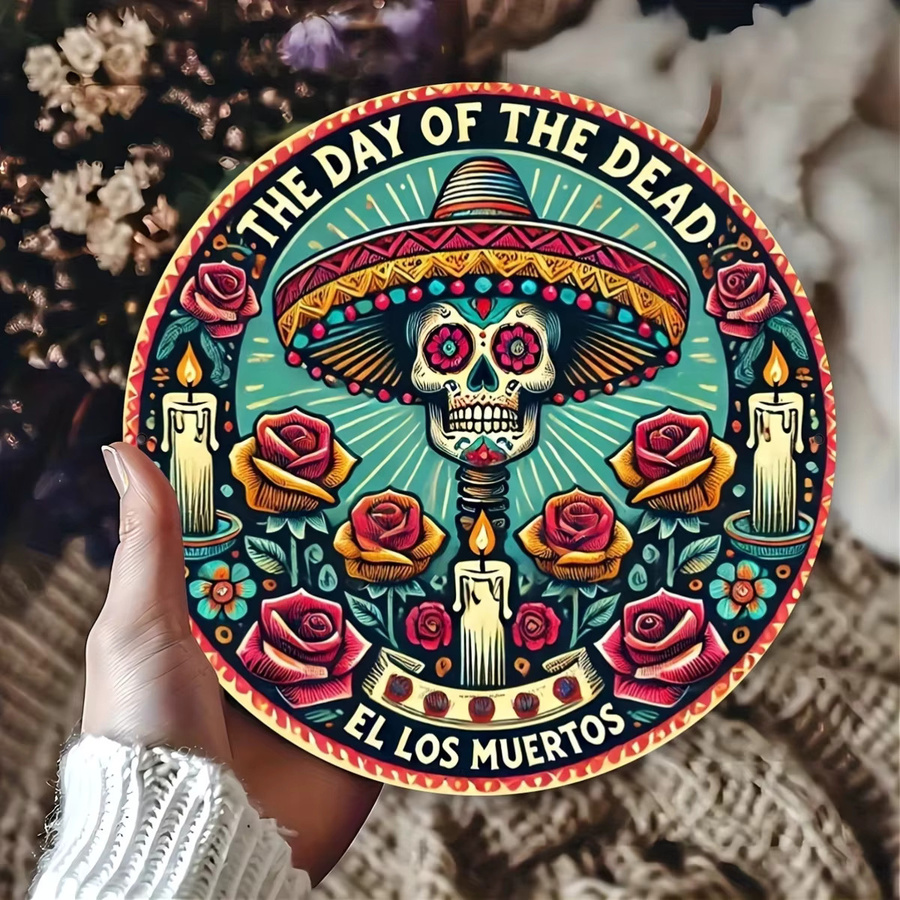 Potdemiel Dia de los Muertos Zuckerschädel-Kranzschild, runde Wanddekoration mit Blumen und Totenköpfen, Mehrfarbig, Durchmesser: 20,3 cm - Bild 3