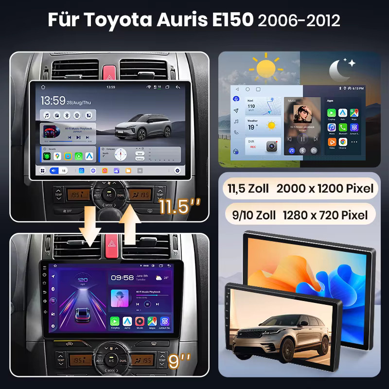 Junsun Android 15 Autoradio für Toyota Auris E150 2006-2012 mit 9 Zoll IPS-Bildschirm, kabelloses Apple CarPlay und Stereo-Multimedia-Videoplayer in Schwarz - Bild 2