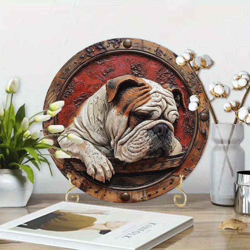 Rundes Metall-Aluminium-Wandschild mit Französische-Bulldogge-Motiv und Faux-Prägung in Mehrfarbig für deine Wohnzimmer-Dekoration - Bild 1