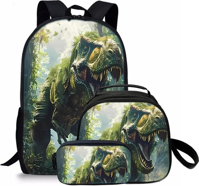 3er Set Runde Dinosaurier-Lunchtaschen und Federmäppchen für Kinder in Multicolour - Bild 1