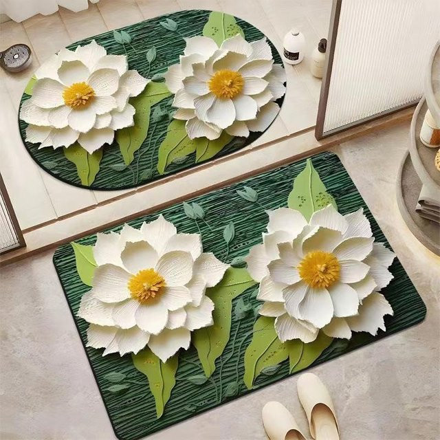 Guo-feng 3D Blumen-Bodenmatte für Badezimmer und Toilette, oval, weiß, B/T: 60 x 40 cm, 2,5 mm dick - Bild 1