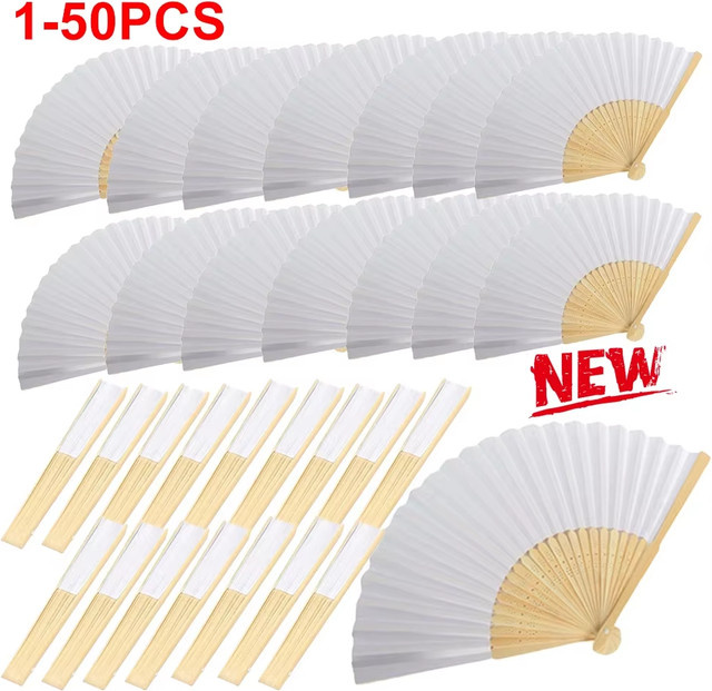50 Stück DIY Papier-Bambus-Faltfächer in Weiß für Kalligrafie-Übungen, Hochzeiten und Dekoration - Bild 1