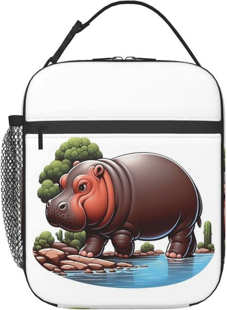 Thermische Lunchtasche von Fancy Style Studio mit Zwergflusspferd-Motiv für Damen und Kinder, auslaufsicher und isoliert, Farbe: Grau/Weiß - Bild 1